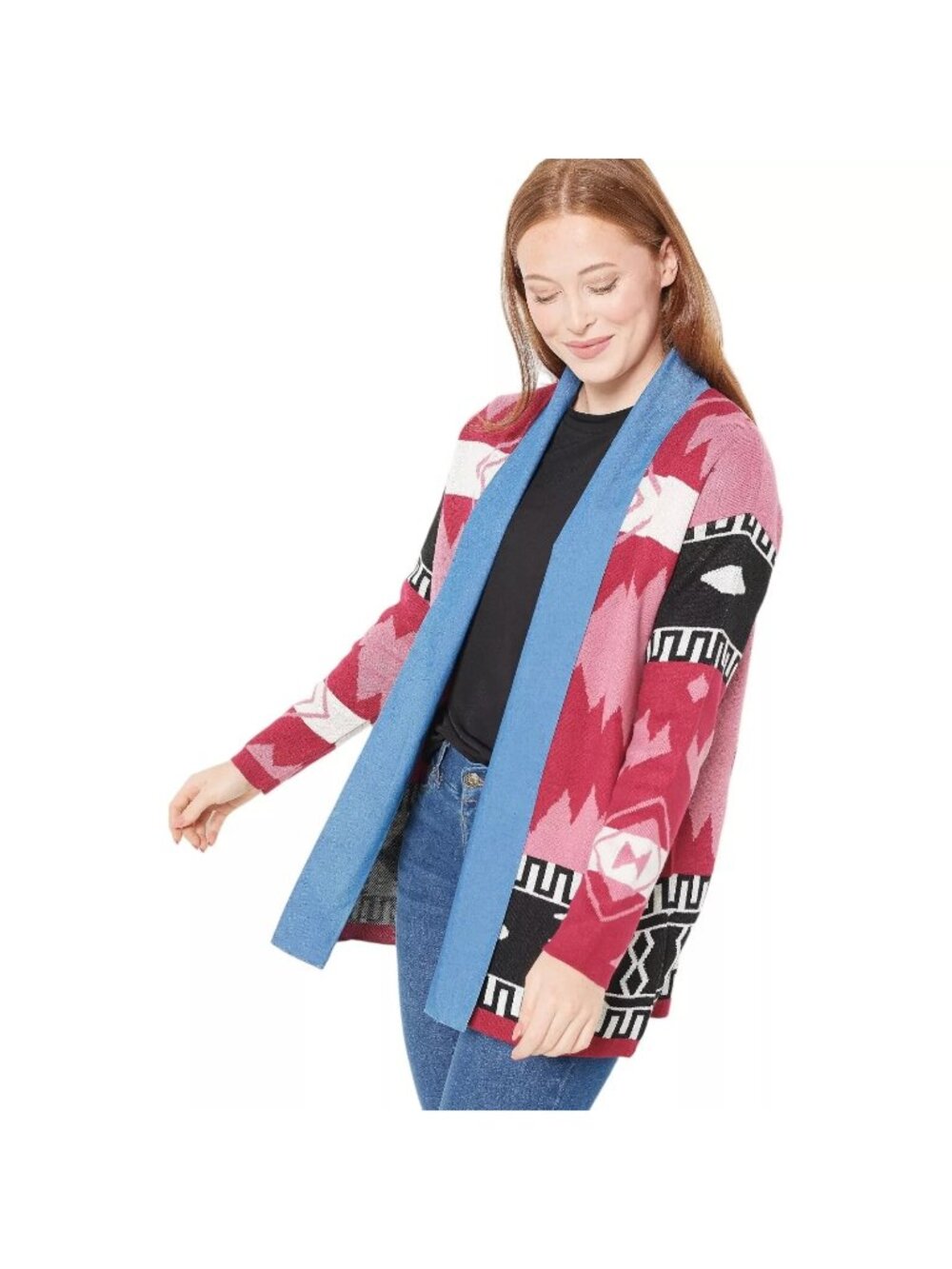 Attitudes by Renee Cardigan Size XS Southwest with Denim Lapel Aztec Rose NEW